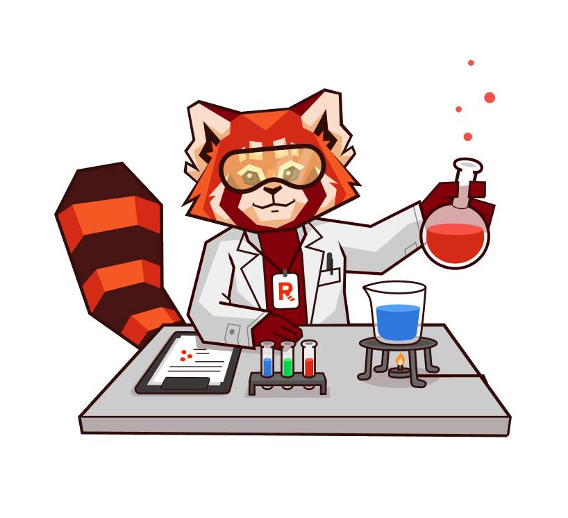 Redpanda sitting at a desk mixing chemicals