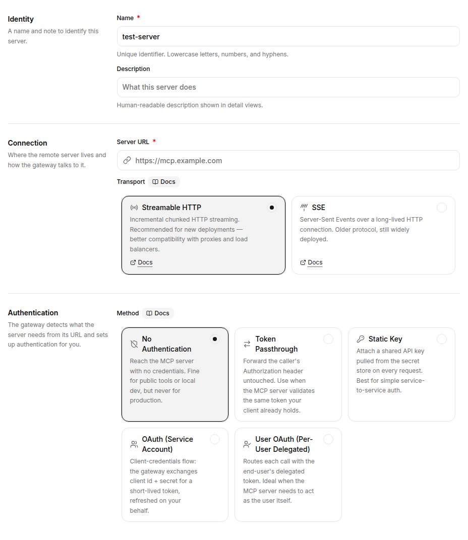 Remote MCP server form with identity, connection, transport, and authentication fields.