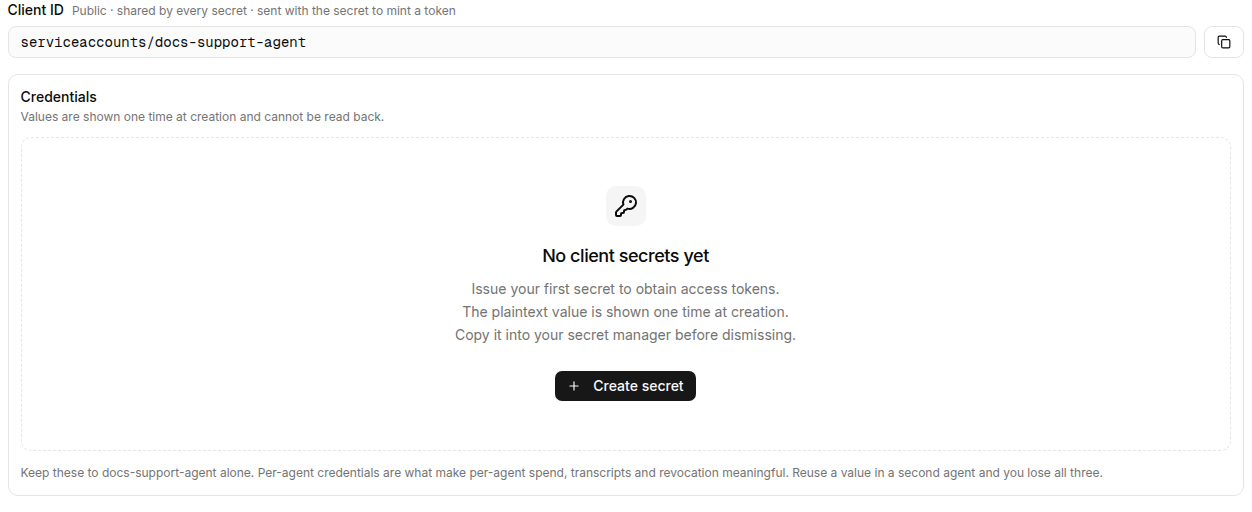 Setup credential step with the Client ID and Create secret action.