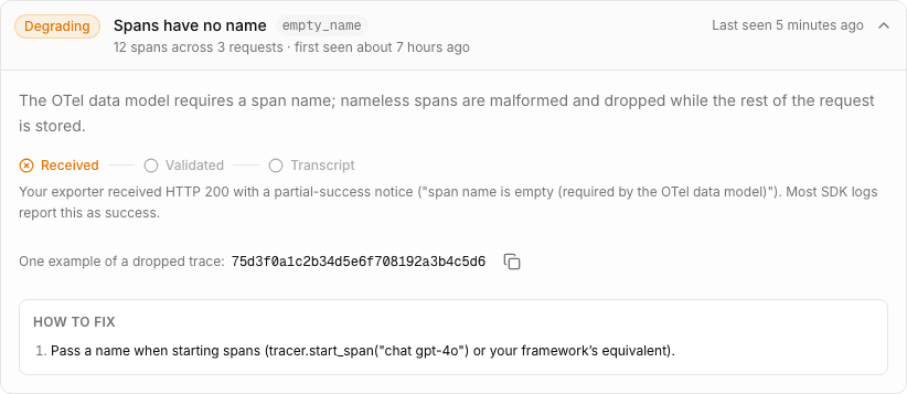 Expanded validation issue with rejection evidence and a suggested fix.