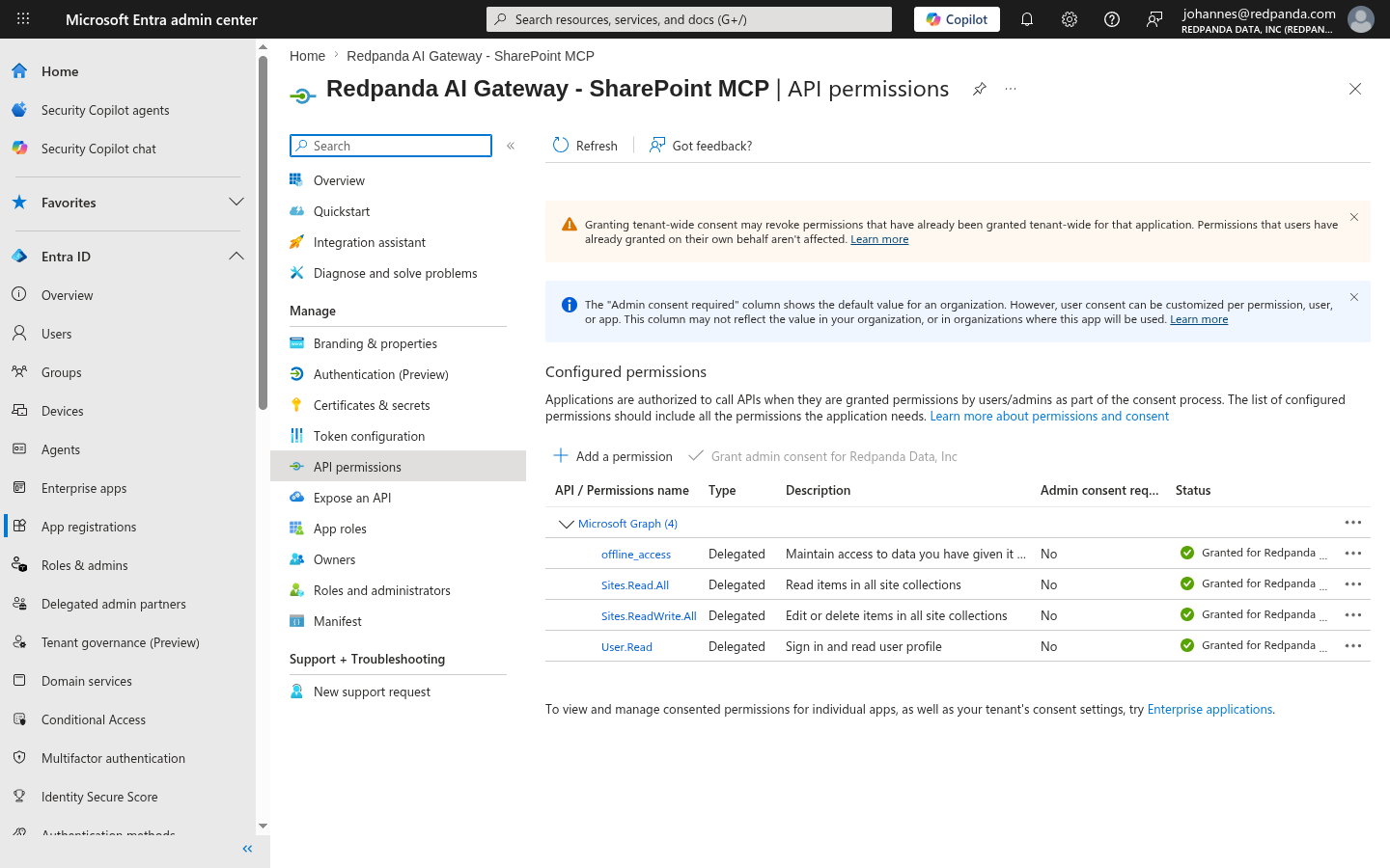 The Entra app’s API permissions page listing the delegated Microsoft Graph permissions Sites.ReadWrite.All, Sites.Read.All, offline_access, and User.Read, each with admin consent granted