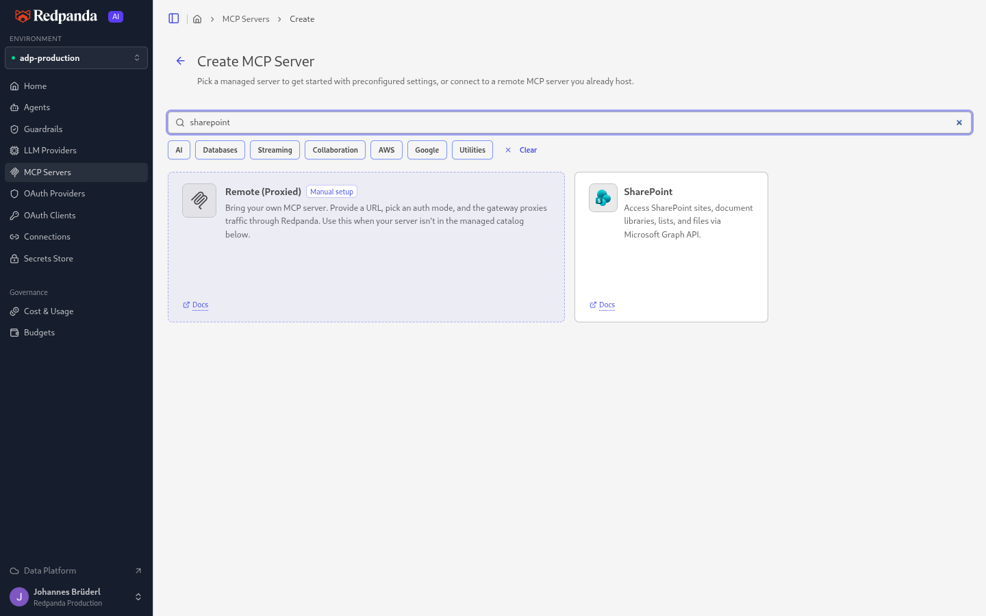 The Create MCP Server marketplace picker filtered to SharePoint, showing the SharePoint managed type card next to the Remote (Proxied) option