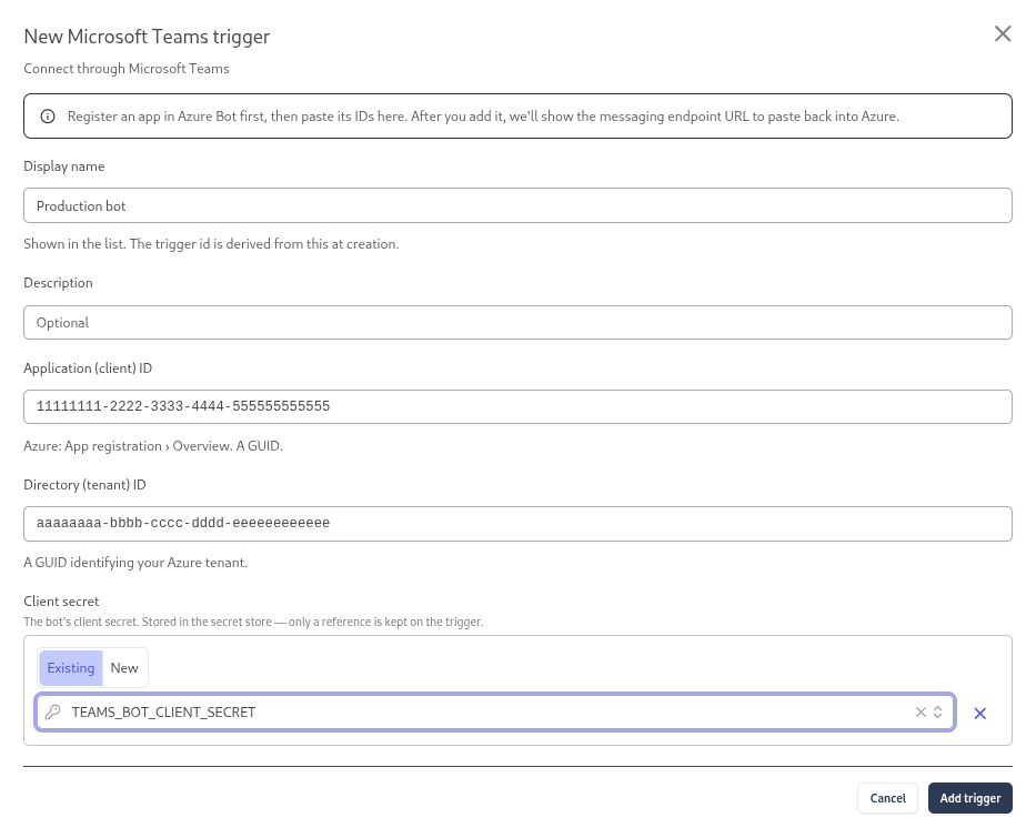 The New Microsoft Teams trigger form with display name