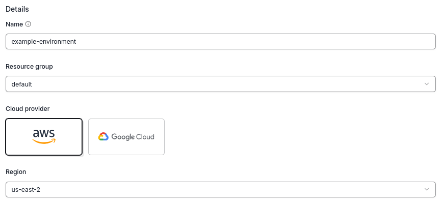Creation form showing an example environment name, resource group, cloud provider, and region
