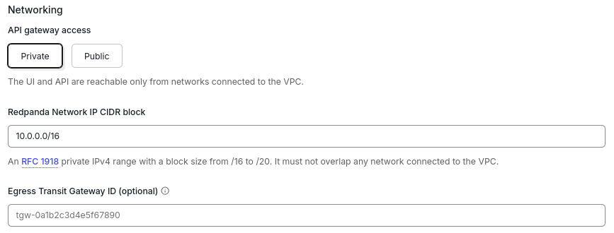 Networking section showing private API gateway access, the CIDR block, and an empty optional Transit Gateway field