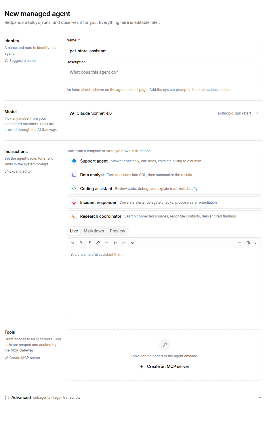 Managed-agent form with identity, model, instructions, and tools sections.