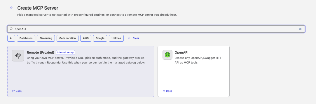 The Create MCP Server marketplace picker filtered by a search for openAPI